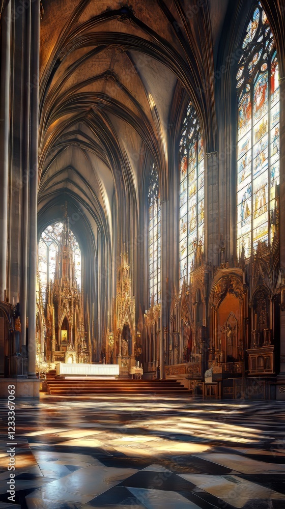 Obraz premium Sunlit Gothic church interior