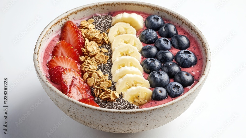 A vibrant bowl of smoothie featuring fresh strawberries, blueberries, and bananas A vibrant bowl of smoothie featuring fresh strawberries, blueberries, and bananas
