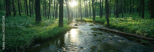 A stream of water flows through a forest photo