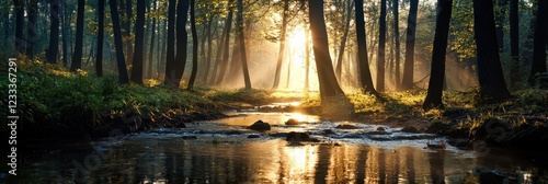 A forest with a stream running through it photo