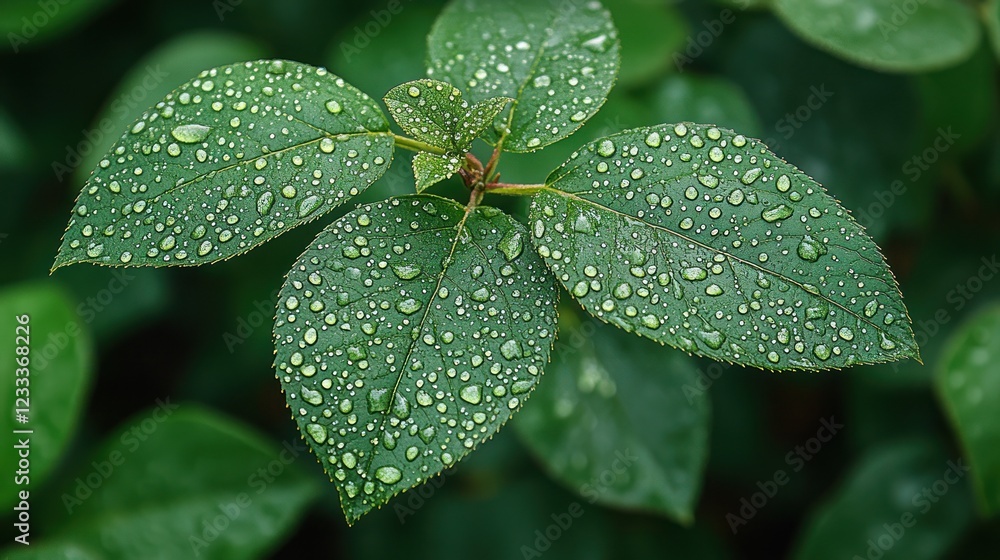 Close-up of dew-covered green leaves in lush garden Close-up of dew-covered green leaves in lush garden