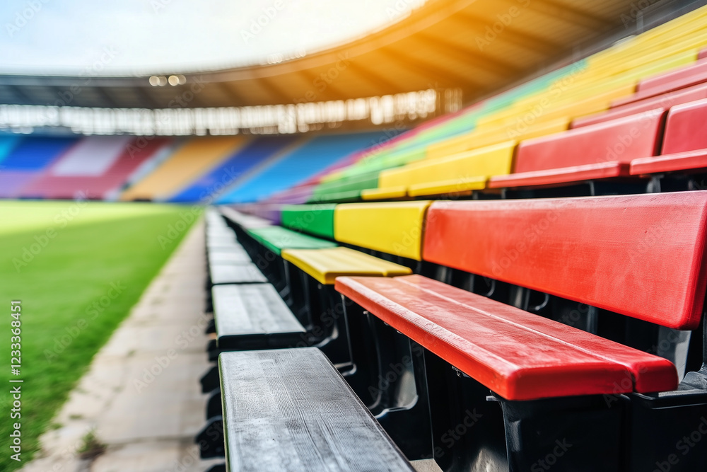 Brightly Colored Plastic Seats in Stadium Arena Rows with Green Grass Field in Background Brightly Colored Plastic Seats in Stadium Arena Rows with Green Grass Field in Background