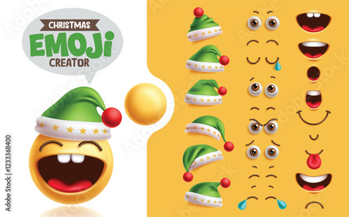 Emojis santa claus creation kit clipart set. Christmas emoji character with laughing happy face, eyes, mouth and green hat collection for facial expression mock up. Vector illustration santa claus emo
