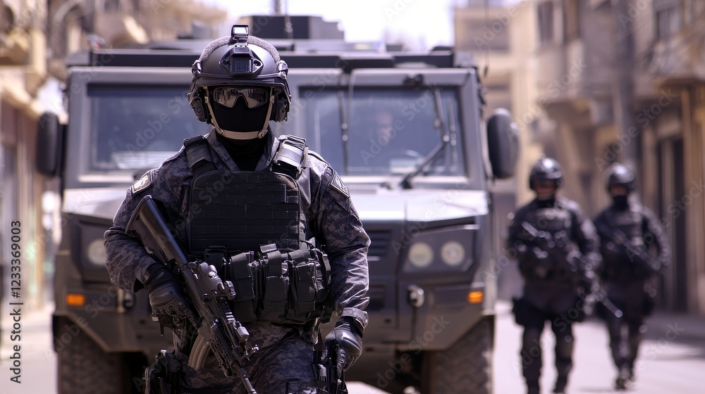 Armed security personnel patrol urban streets, showcasing tactical readiness in a city environment Armed security personnel patrol urban streets, showcasing tactical readiness in a city environment