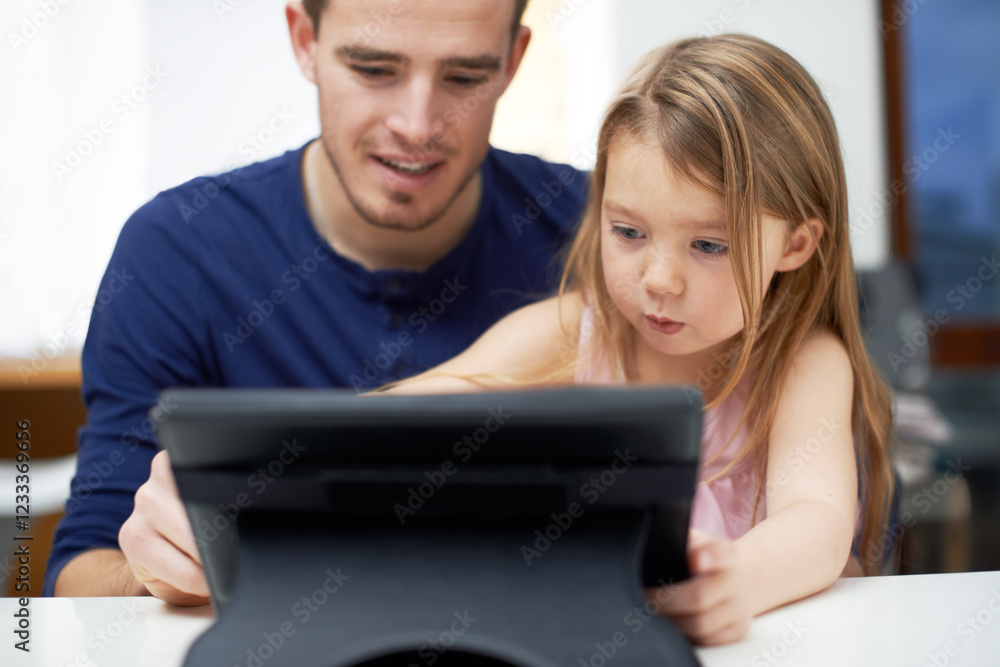 Father, child or girl on tablet in home for movie choice or streaming online in family living room. Film subscription, learning and single parent dad on technology for browsing with kid or daughter Father, child or girl on tablet in home for movie choice or streaming online in family living room. Film subscription, learning and single parent dad on technology for browsing with kid or daughter