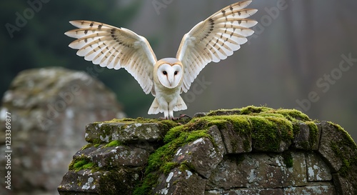 Chouette effraie déployant ses ailes sur une pierre moussue. Photo de stock pour la faune, les oiseaux de nuit, les rapaces nocturnes, la nature et les forêts. photo