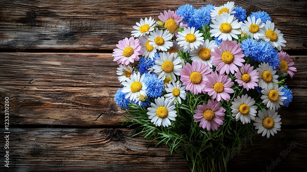 Obraz premium Colorful daisy and cornflower bouquet on rustic wood table, spring floral arrangement