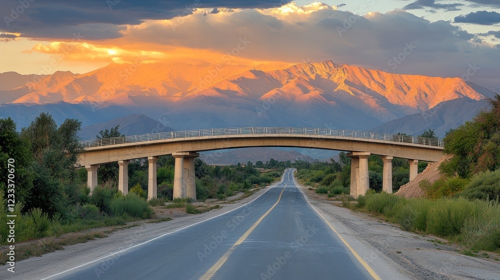 Naklejka premium Sunset highway bridge, Andes mountains, travel