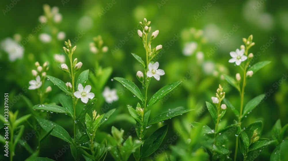 Dewy white flowers bloom in green garden Dewy white flowers bloom in green garden