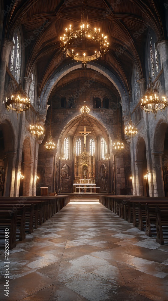Fototapeta premium Grand church interior, serene and solemn.