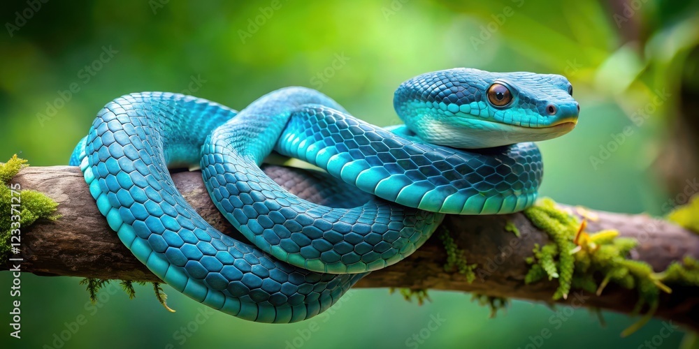 Obraz premium Close-up of a Blue viper snake wrapping around a branch in the Indonesian jungle, reptilian, conservation efforts