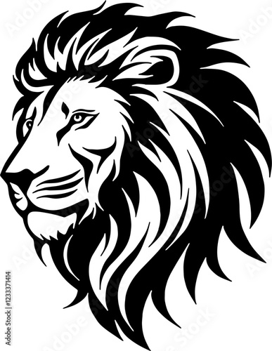 Bold vector depiction of a majestic lion's head, highlighting its fierce expression and flowing mane.  

