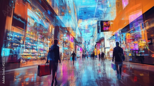 Wallpaper Mural Futuristic Shopping Metropolis: A vibrant digital cityscape where shoppers explore a surreal retail experience. Torontodigital.ca