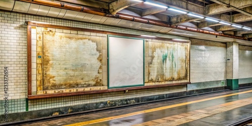 Abandoned subway billboard with faded advertisement in Paris underground station