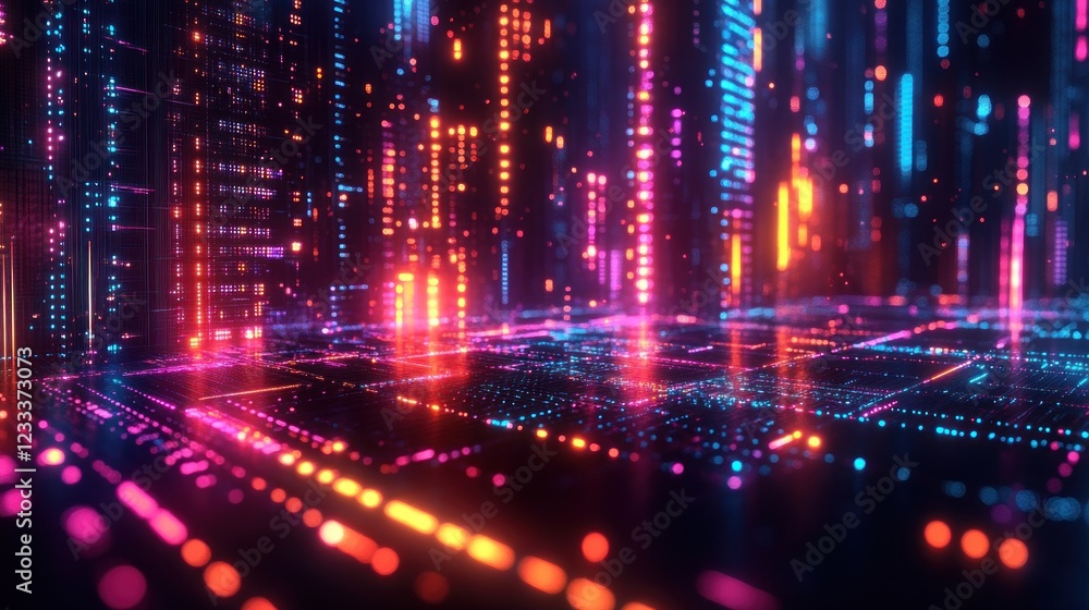 Naklejka premium Vibrant digital cityscape with neon lights and patterns