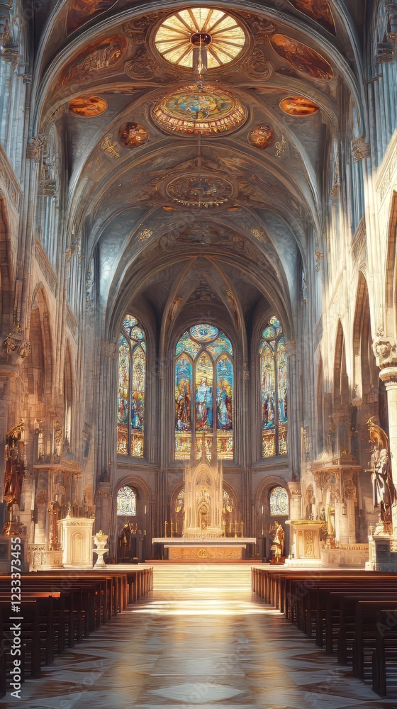 Fototapeta premium Sunlit church interior, ornate details