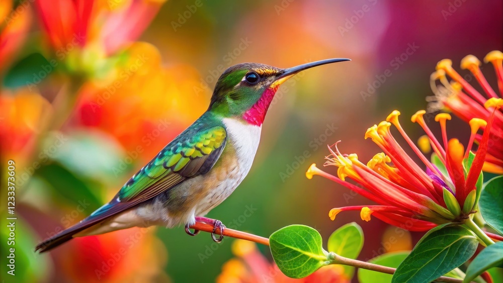Fototapeta premium Vibrant hummingbird perches on a honeysuckle flower stem, beak dipping into the colorful nectar-filled center of the bloom, nature, insect feed