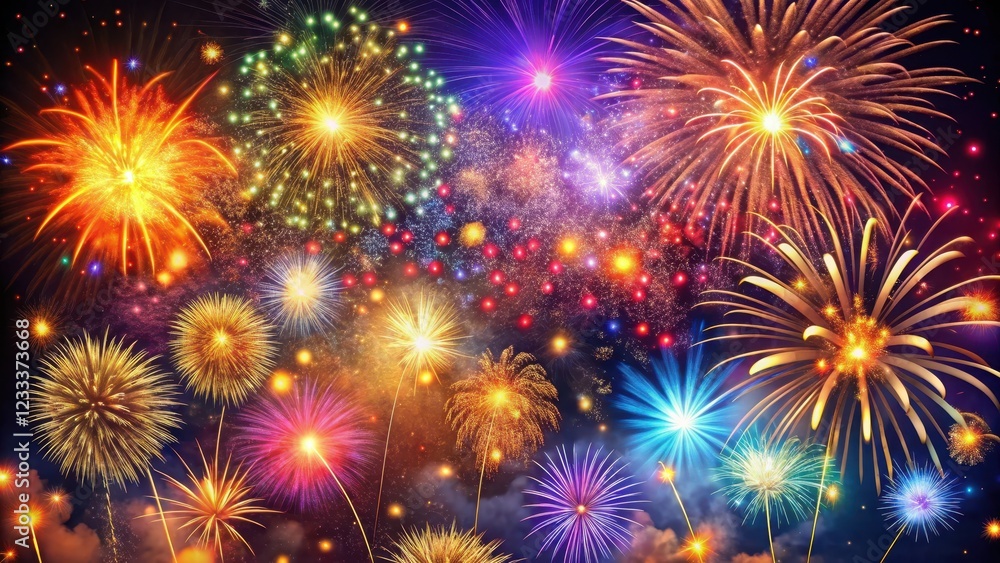 Naklejka premium Diverse fireworks exploding in a night sky with vibrant colors and patterns, Diwali celebration, vibrant colors