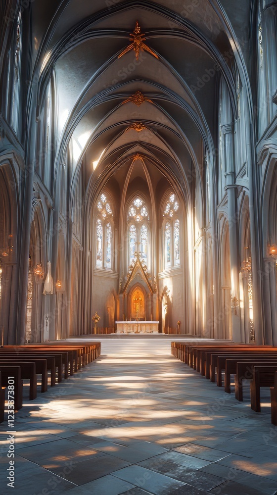 Fototapeta premium Sunlit cathedral interior, peaceful scene