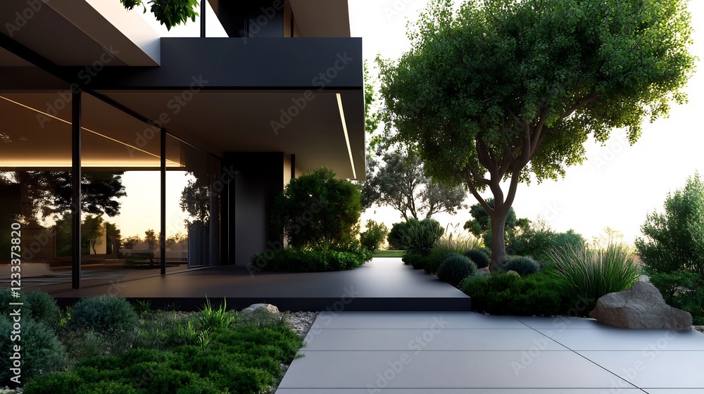 Fototapeta premium Modern House Exterior with Lush Greenery at Sunset
