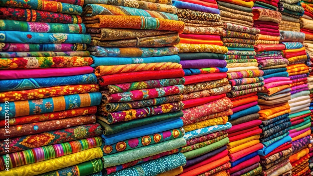 Vibrant fabrics piled high in a colorful fabric shop display, showcasing various textures and patterns, fabric assortment, fabric selection Vibrant fabrics piled high in a colorful fabric shop display, showcasing various textures and patterns, fabric assortment, fabric selection