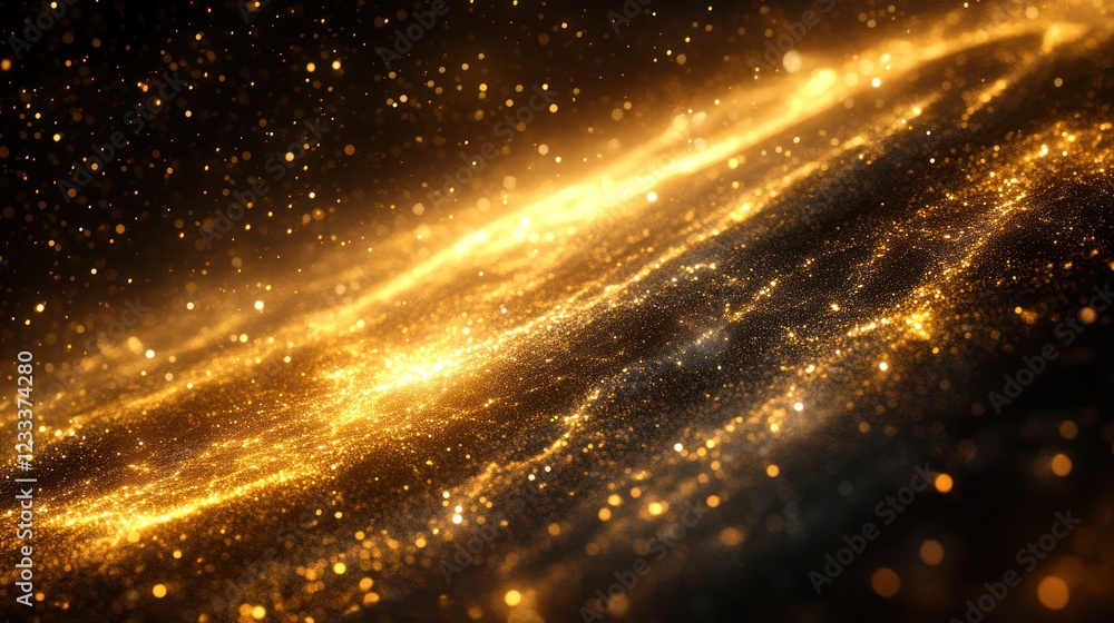 Obraz premium Golden cosmic dust swirls, dark space background, abstract art, website header
