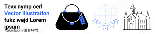 Black handbag with a price tag, globe surrounded by five stars, and a historical-style building. Ideal for fashion, shopping, travel, tourism, luxury, branding and flat landing page banner