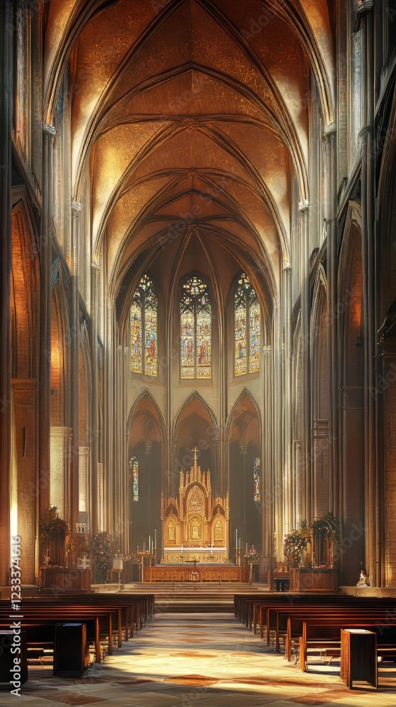 Fototapeta premium Sunlit Gothic church interior