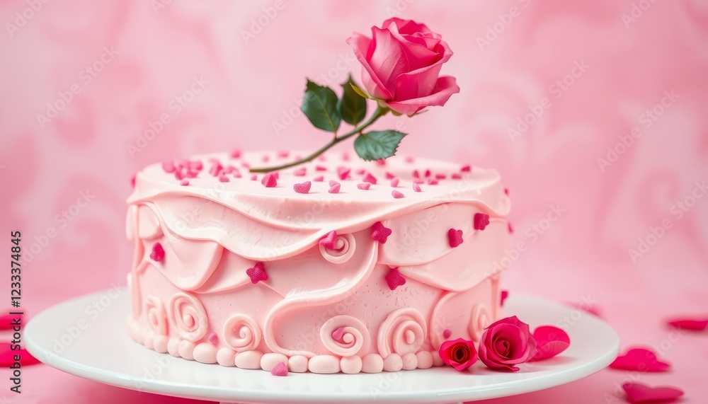 Pink cupcake with creamy frosting, roses and sprinkles on a plate, a delicious sweet treat for celebrations valentine day Pink cupcake with creamy frosting, roses and sprinkles on a plate, a delicious sweet treat for celebrations valentine day