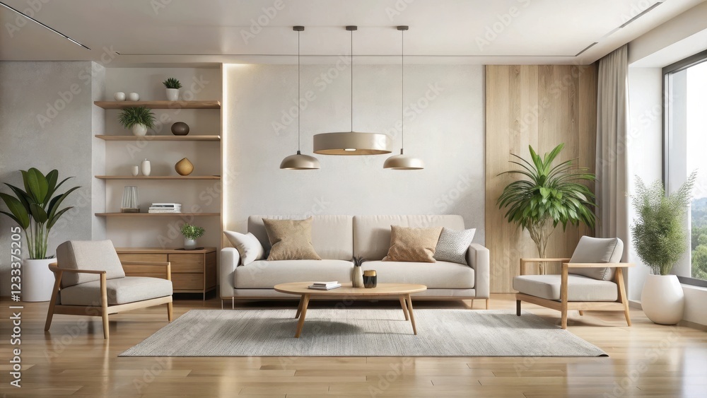 Fototapeta premium Minimalist living room with neutral tones, modern furniture, clean lines