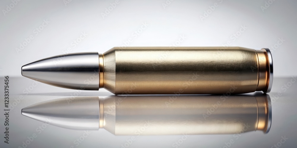 A metallic bullet with a high-luster finish, reflecting light and displaying subtle surface imperfections , object details, reflective surface A metallic bullet with a high-luster finish, reflecting light and displaying subtle surface imperfections , object details, reflective surface