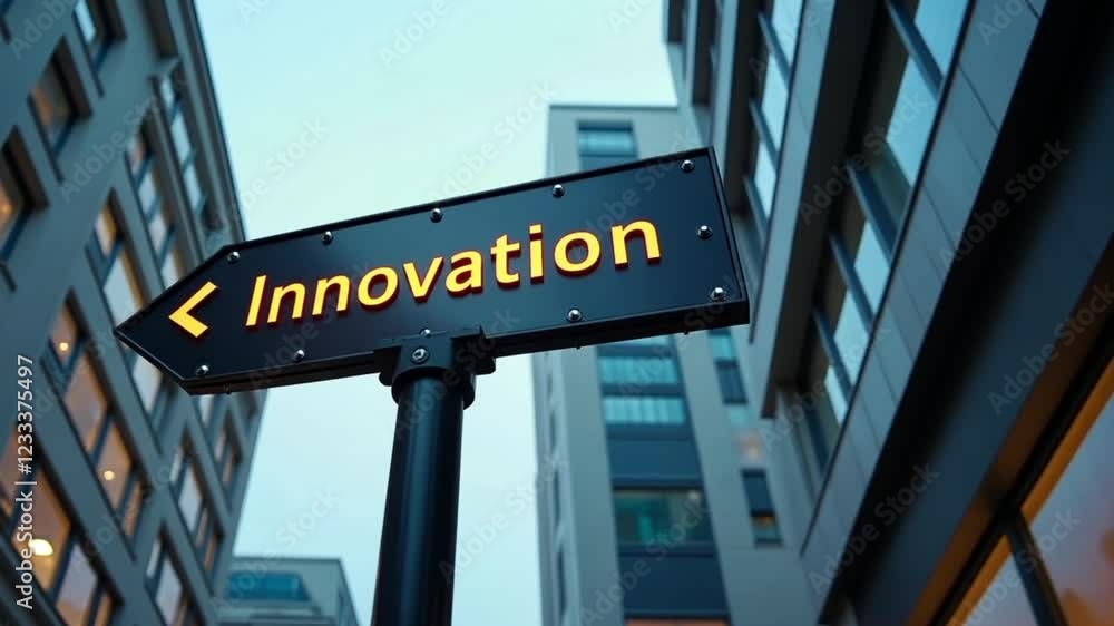 Street Sign Pointing Towards Innovation in Urban Business Area Street Sign Pointing Towards Innovation in Urban Business Area