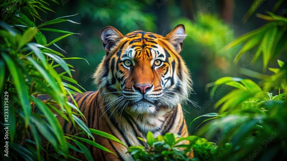 Fototapeta premium Majestic tiger emerging from dense undergrowth with vibrant green foliage in background, feline, camouflage
