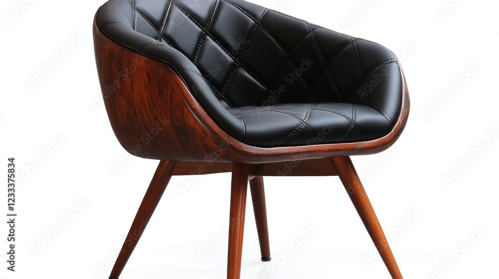 Naklejka premium Modern black leather armchair with wooden frame.