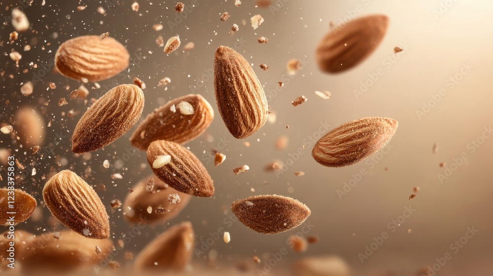 Flying Roasted Almonds with Cinnamon Mid-Air Flying Roasted Almonds with Cinnamon Mid-Air