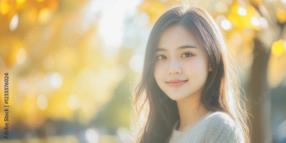 Obraz premium 天気の良い公園で微笑む可愛いアジア人の女性