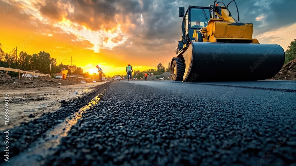 Construction Scene at Sunset with Roller Compactor on Newly Laid Asphalt Road, Construction Workers in Background and Dramatic Cloudy Sky Construction Scene at Sunset with Roller Compactor on Newly Laid Asphalt Road, Construction Workers in Background and Dramatic Cloudy Sky
