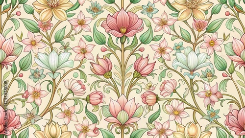 Wallpaper Mural Delicate Art Nouveau Seamless Pattern with Blooming Blossoms, spring inspiration, garden Torontodigital.ca