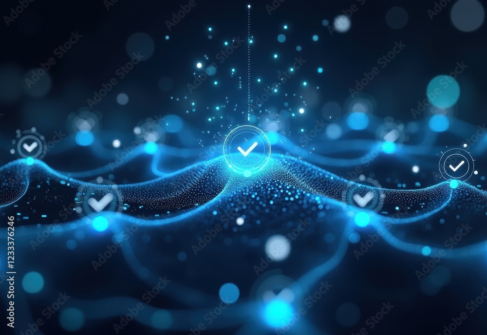 Abstract digital landscape with glowing checkmarks, representing data security, quality assurance, or successful verification. Abstract digital landscape with glowing checkmarks, representing data security, quality assurance, or successful verification.