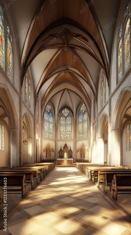 Sunlight streams through church's stained glass. Sunlight streams through church's stained glass.
