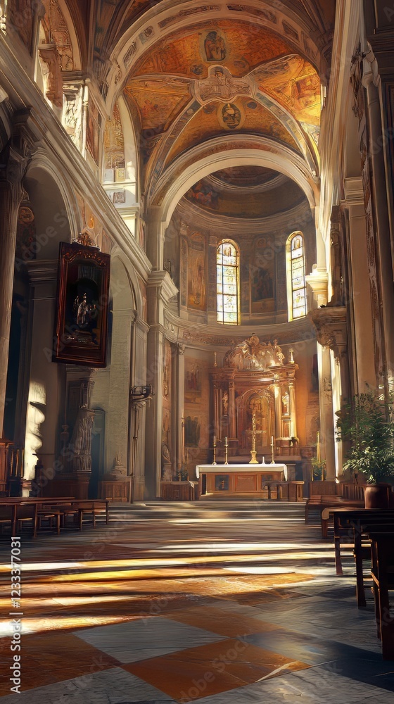 Fototapeta premium Sunlit church interior, peaceful scene