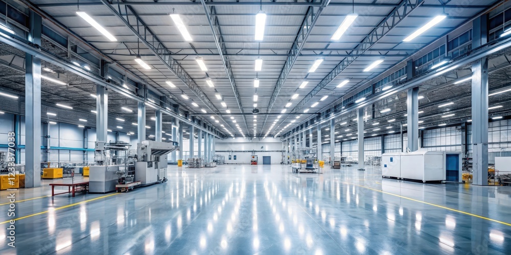 Industrial factory floor with energy efficient LED lighting illuminating machinery and equipment, machinery illumination, silicon wafer processing Industrial factory floor with energy efficient LED lighting illuminating machinery and equipment, machinery illumination, silicon wafer processing