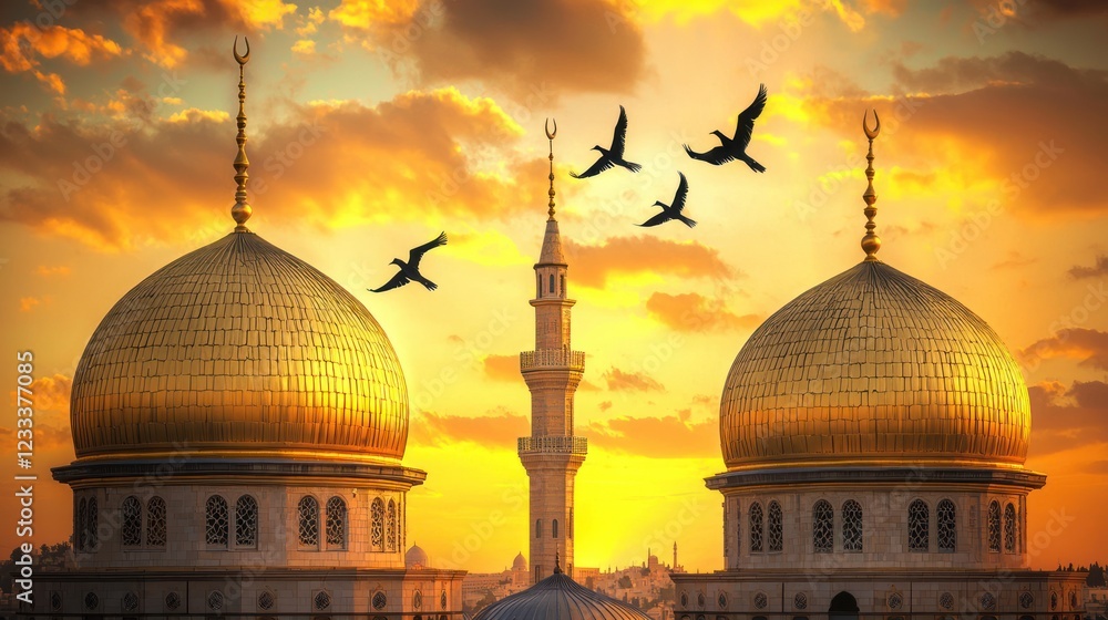 Fototapeta premium Golden Domes at Sunset: A Serene Islamic Landscape