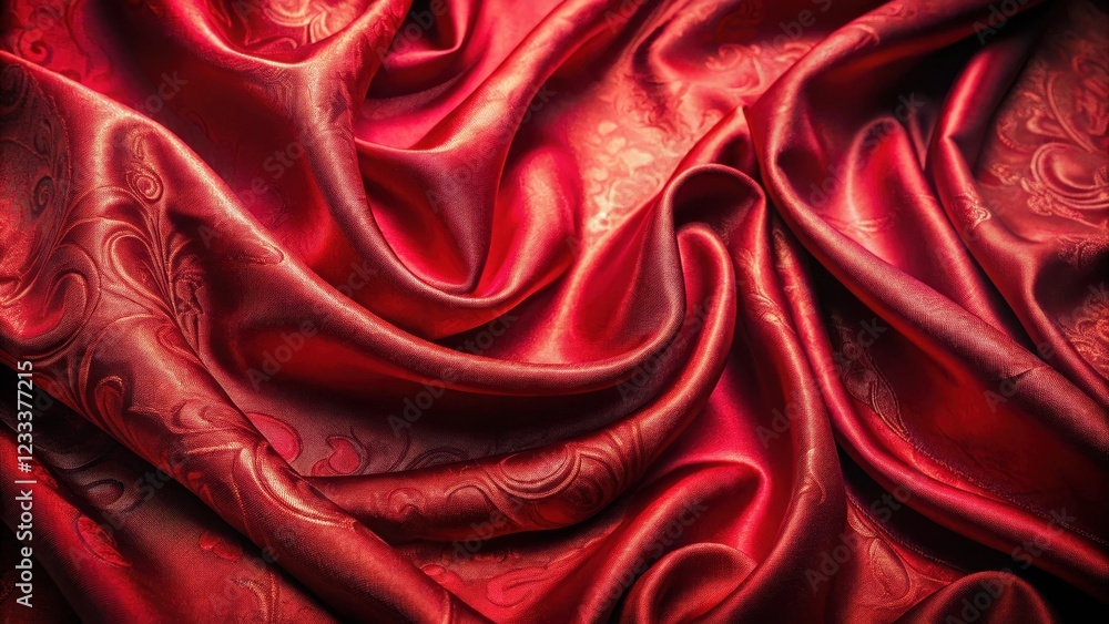 Fototapeta premium Rich red silk fabric with intricate patterns and luxurious sheen