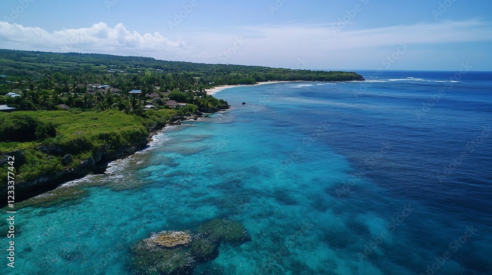 Coastal Paradise: A breathtaking aerial view of a turquoise sea meeting a lush green shoreline Coastal Paradise: A breathtaking aerial view of a turquoise sea meeting a lush green shoreline