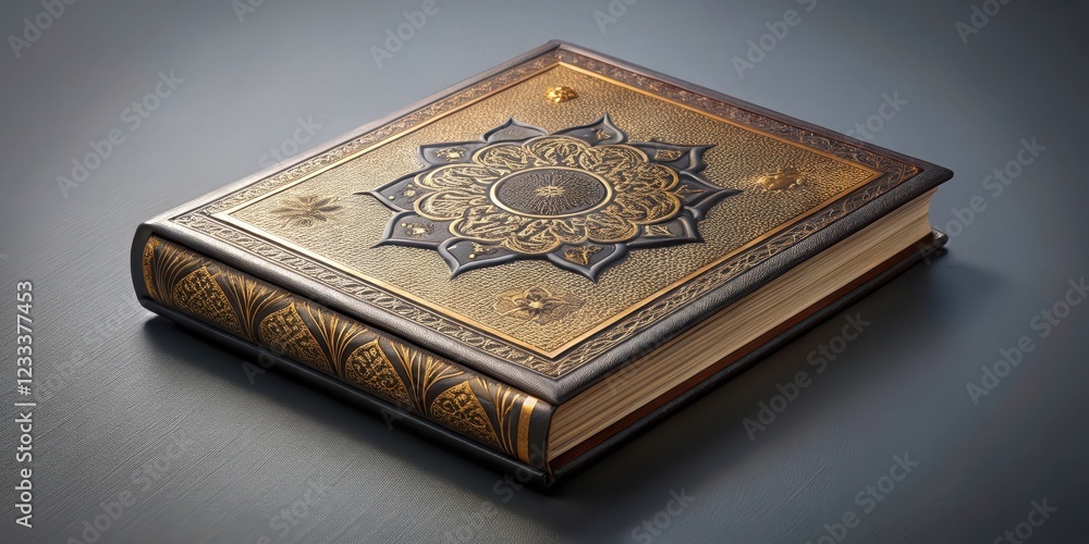 A beautifully designed hard cover book with intricate details and textures, sitting isolated on a soft gray background, awaiting its next chapter , reading material, clean lines A beautifully designed hard cover book with intricate details and textures, sitting isolated on a soft gray background, awaiting its next chapter , reading material, clean lines