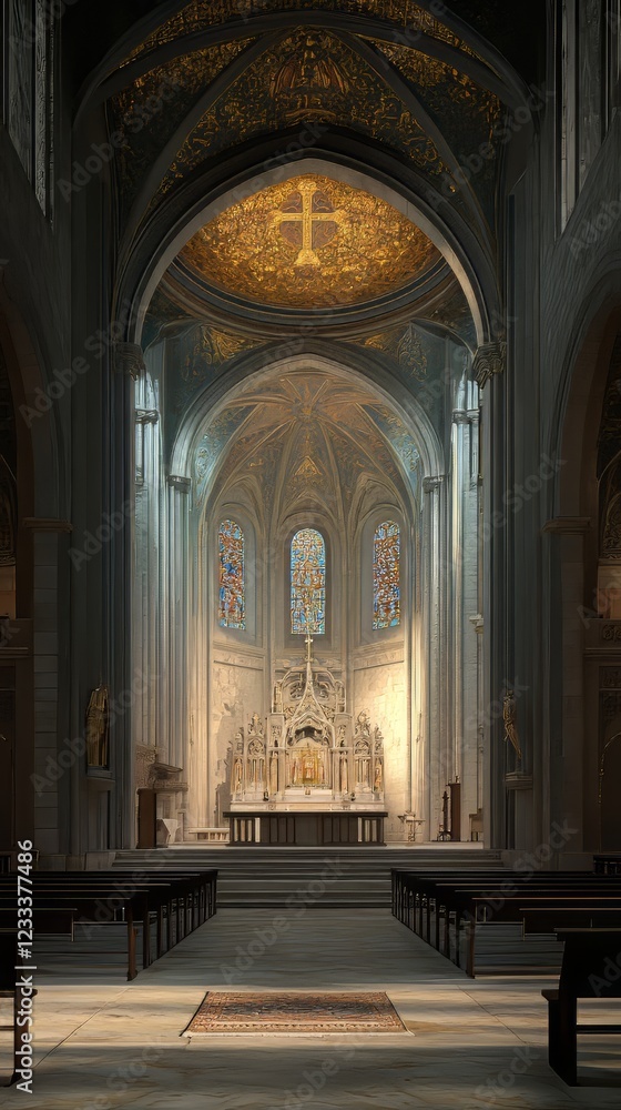 Fototapeta premium Tranquil church interior, bathed in light.