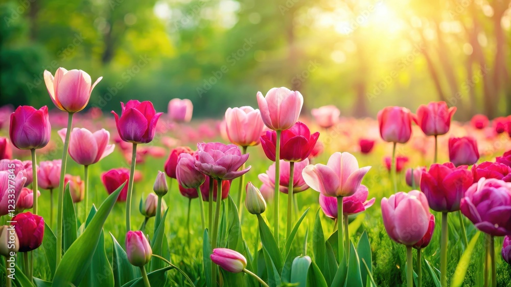 Vibrant pink tulips and roses in a lush green meadow on a sunny day , nature, garden