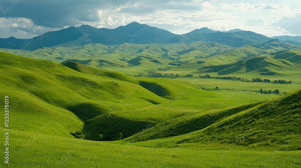 Fototapeta premium Expansive Green Hills and Lush Meadows Under Dramatic Cloudy Sky with Distant Mountains