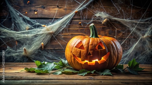 A lone pumpkin carved with a spooky face sits atop a dark wooden table surrounded by cobwebs and eerie greenery on All Hallows Eve, Halloween decoration, autumn decor photo